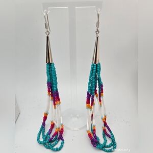 Handmade Beaded Turquoise Purple White Earrings Native Inspired Boho 5.5” New